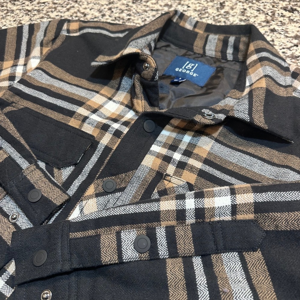George Mens Black Ivory Plaid Quilted Lined Flannel Shirt Jacket Shacket S NEW